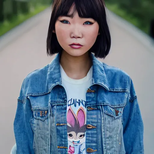 Image similar to upper half portrait, of a anthropomorphic asian girl wearing a denim jacket, in the style of zootopia, far shot, 5 feet away