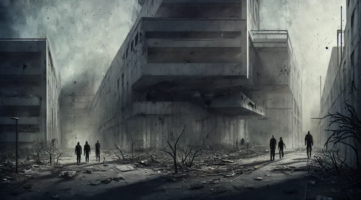 Prompt: big grey aliens walking outsife a post apocalyptic hospital building, morning, building, avenue, modern contemporary urban americana concrete architecture, by pascal blanche, neil blevins, apocalyptic color palette, trending on artstation, photorealistic, vivid wilderness ambiance, ultra detailed, high definition, depth of field, bokeh, rubble, wild vegetation, blood stains, building crumbling