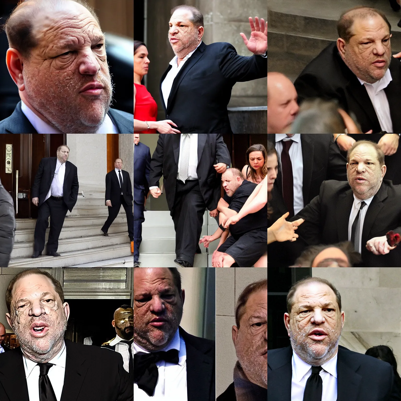 Prompt: gopro footage of harvey weinstein split face getting mangled by courthouse stairs after falling, blood and bone, red meat shreds