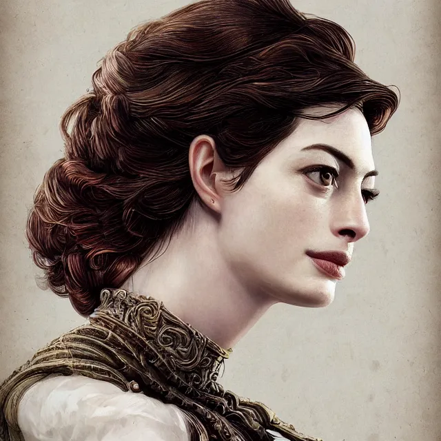 Prompt: the portrait of the lawful good alignment personified as anne hathaway, absurdly beautiful, graceful, elegant, sophisticated, young woman, an ultrafine hyperdetailed illustration by kim jung gi, irakli nadar, intricate linework, bright colors, octopath traveler, final fantasy, unreal engine 5 highly rendered, global illumination, radiant light, detailed and intricate environment