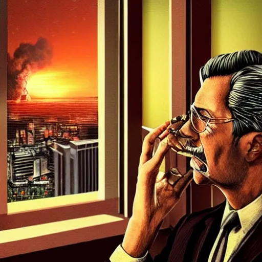 Prompt: Mr. House, realistic, highly detailed face, looks at the nuclear explosion, from the window of the Lucky 38 Casino, holds a cigar in his hand,realistic, with five fingers, and smokes, ultra HD, artstation, photorealism, ultrarealistic, retro, 45mm, elegant,