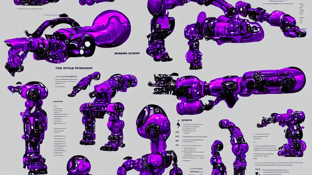 Prompt: A female robotic arm sci-fi prop reference sheet, bright purple and black, graffiti lettering, trending on artstation