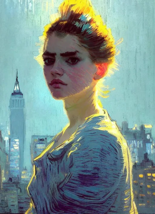 Image similar to portrait of a beautiful girl, new york backdrop, very sad, pastel shades of light blue and light yellow, beautiful face, rule of thirds, intricate outfit, spotlight, by greg rutkowski, by jeremy mann, by francoise nielly, by van gogh, digital painting