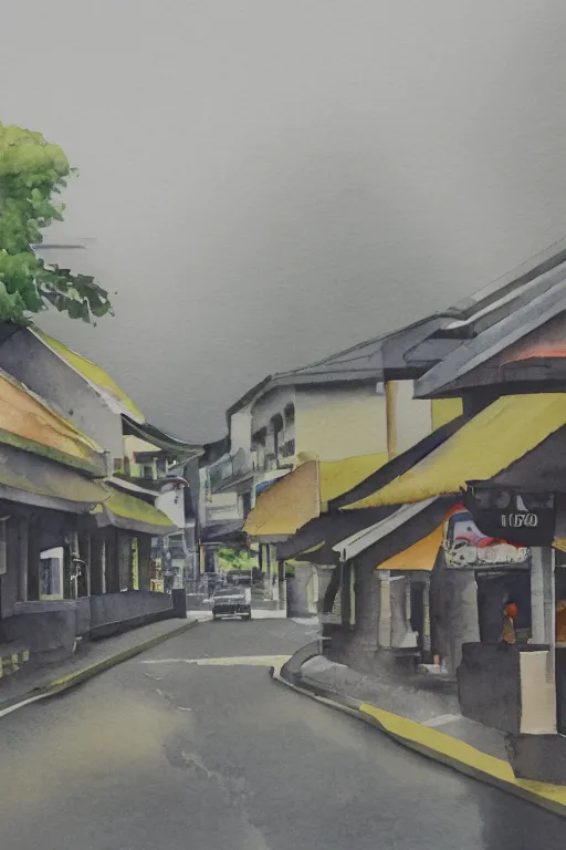 Image similar to a watercolor depicting a singapore katong, gloomy weather, high contrast, smooth, by joseph zbikowicz, 8 k