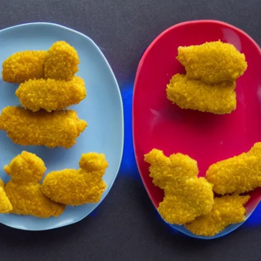 Image similar to photo of chicken nuggets shaped like dinosaurs, realistic, award winning picture