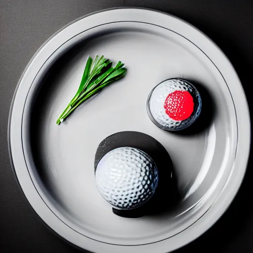 Image similar to a michelin star plate with golf balls, award winning food photography, ambient light