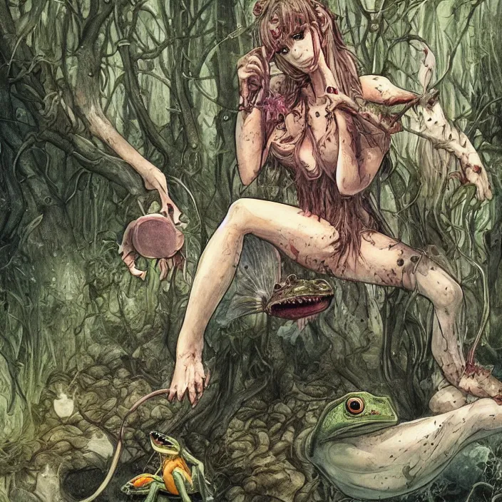 Image similar to portrait of Carnivore godlike fairy eating a frog alive, Junji Ito and Greg rutkowski