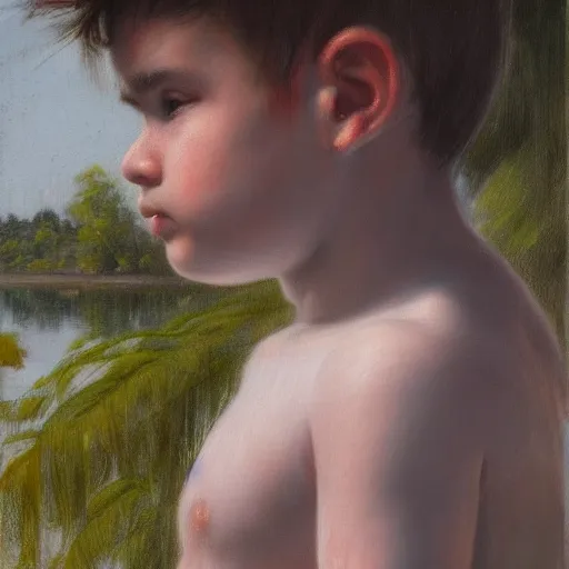 Prompt: in the style of William Whitaker and Goyo Dominguez, a boy stand in the lake, close up, very high details, facial details, Realism painting, 4K ,