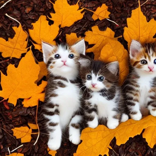 Prompt: adorable kittens sitting in a pile of autumn leaves