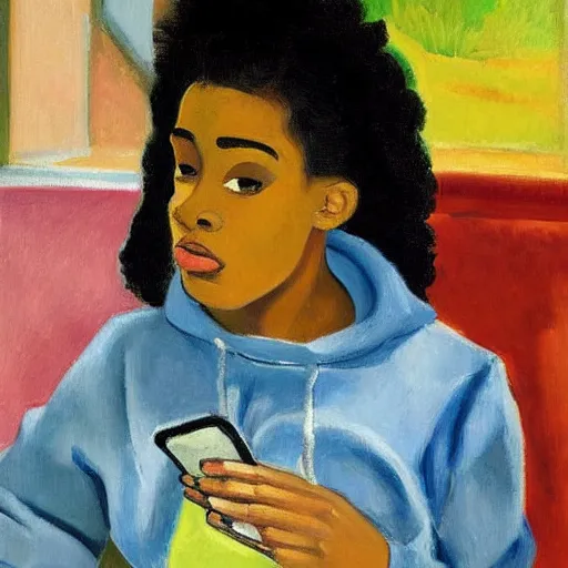 Prompt: early morning. a young ebony with afro hair wearing a wearing a cozy hoodie is texting on her smartphone. sunlight is entering through the window and beautifully lighting the face. depth of field, backlit, closeup, oil on canvas, art by henri matisse 1 9 4 4, in the style of dance by henri marisse, 1 9 1 0, smooth, fauvism, 2 k