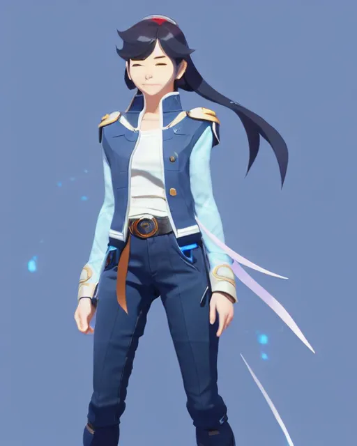 Prompt: a south korean female from video game paladins, she wears a light blue jacket, white ponytail hair, detailed perfect face, exquisite details, fire magic, mid view, design on a white background, by studio muti, greg rutkowski makoto shinkai takashi takeuch studio ghibli