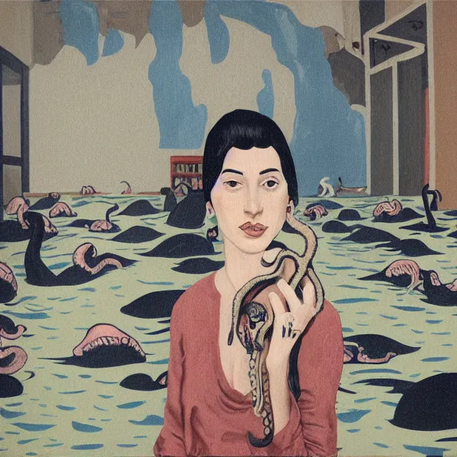 Image similar to tall female emo artist holding an octopus in a flooded cafe, bagels, pigs, water gushing from ceiling, painting of flood waters inside a cafe, a river flooding indoors, pomegranates, pigs, ikebana, water, octopus, river, rapids, waterfall, black swans, zen, canoe, berries, acrylic on canvas, surrealist, by magritte and monet