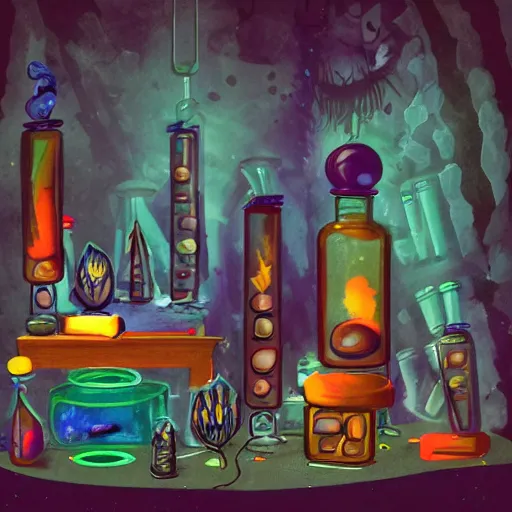 Prompt: dark mysterious scene of these monsters are consumed by fire, yet they remain unharmed. they are surrounded by the tools of the alchemist's trade - beakers and test tubes full of colorful liquids, crystals, and books of ancient knowledge. the scene is suffused with an eerie glow, as if something magical is happening here.