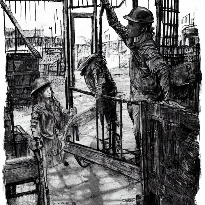 Image similar to sadie sink in dirty workmen clothes waves goodbye to workmen. near a gate. background : factory, dirty, polluted. technique : black and white pencil and ink. by gabriel hardman, joe alves, chris bonura. cinematic atmosphere, detailed and intricate, perfect anatomy