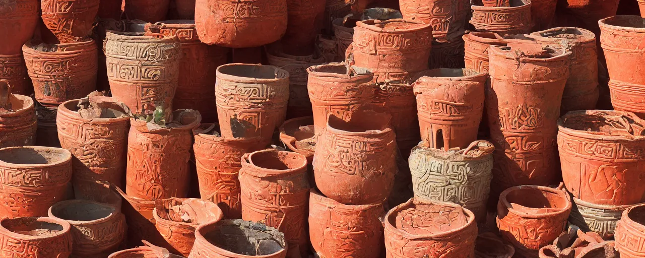 Image similar to spaghetti inside ancient terra cotta pots, middle east, fine detail, canon 5 0 mm, in the style wes anderson, kodachrome, retro