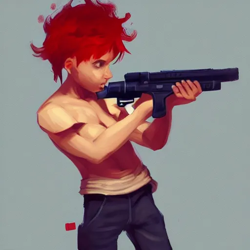 Image similar to a concept art of a boy with red hair holding a gun, highly detailed, digital painting, artstation, concept art, smooth, sharp focus, illustration