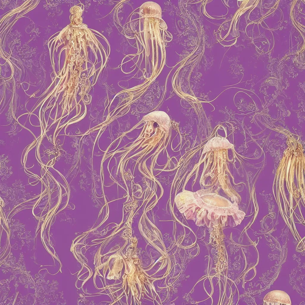 Prompt: purple dress design in the style of rococo ,Victorian era，jellyfish element,Gold roselace,dreamy, soft ,Backlight ,luminescence，Aetherpunk,highly detailed,8k