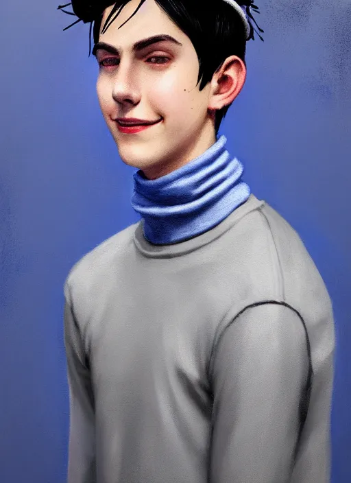 Image similar to portrait of teenage jughead jones wearing a light grey crown, crown, blue turtleneck, closed eyes, eyes closed, smile, crown, black hair, intricate, elegant, glowing lights, warm lighting, highly detailed, digital painting, artstation, concept art, smooth, sharp focus, illustration, art by wlop, mars ravelo and greg rutkowski