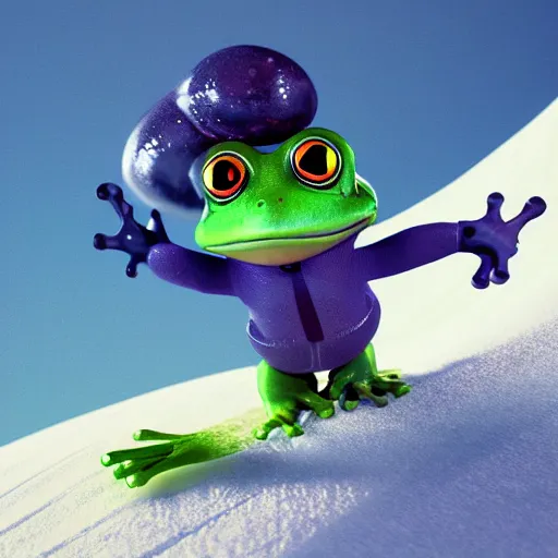 Image similar to 3 d octane render chibi frog character skiing down a mountain, pixar style