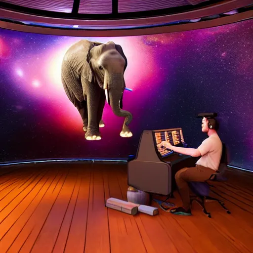 Image similar to a hyperrealistic 3D octane render of an elephant wearing an oculus rift and playing a keyboard inside of a dome planetarium with planets and galaxies, 8k, unreal engine, dramatic lighting, volumetric lighting, uplighting, ray tracing, photorealistic,