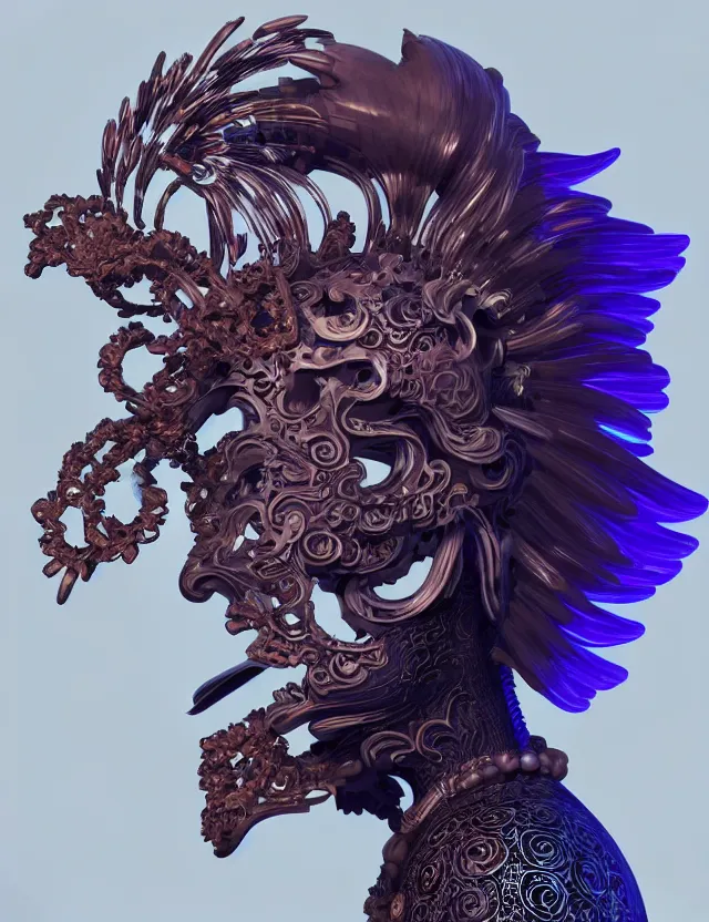 Image similar to 3 d goddess close - up profile portrait biomechanics with ram skull. beautiful intricately detailed japanese crow kitsune mask and clasical japanese kimono. betta fish, jellyfish phoenix, bio luminescent, plasma, ice, water, wind, creature, artwork by tooth wu and wlop and beeple and greg rutkowski