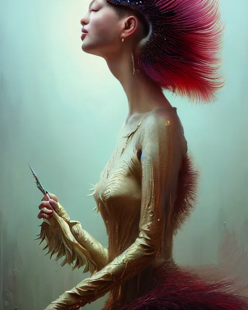 Prompt: of augean stables, ornate, ostrich feathers, imperil, beauty portrait by greg rutkowski, peter mohrbacher, wlop, ilya kuvshinov, thomas kinkade, victo ngai, costume inspired by iris van herpen, sharp focus, global illumination, highly detailed, masterpiece, award winning, post processing