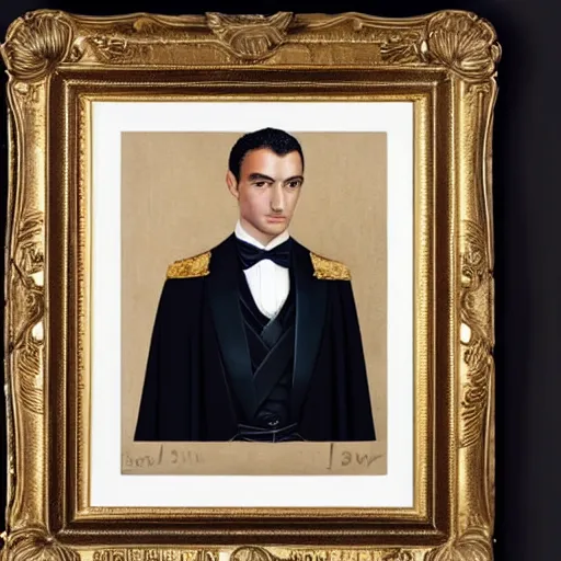 Prompt: a portrait of an emperor, young, olive skin, sharp eyes, sharp nose, black short hair, royal crown, royal cape, black suit, white shirt, black bowtie, determined, full body oil painting