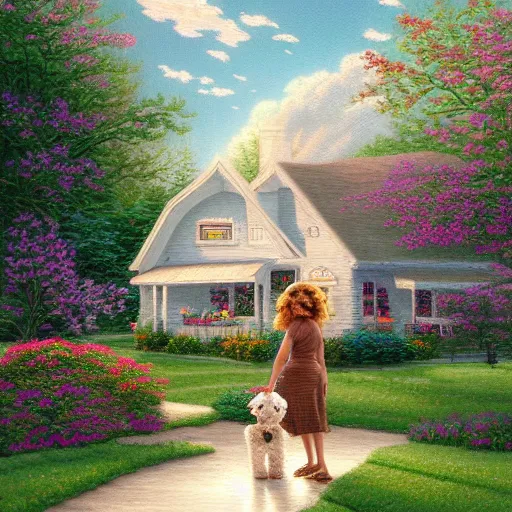 Prompt: painting of a hipster mom, hipster dad, curly headed baby and brown poodle in front of a white 1 9 6 0's farm house, in the style of thomas kinkade