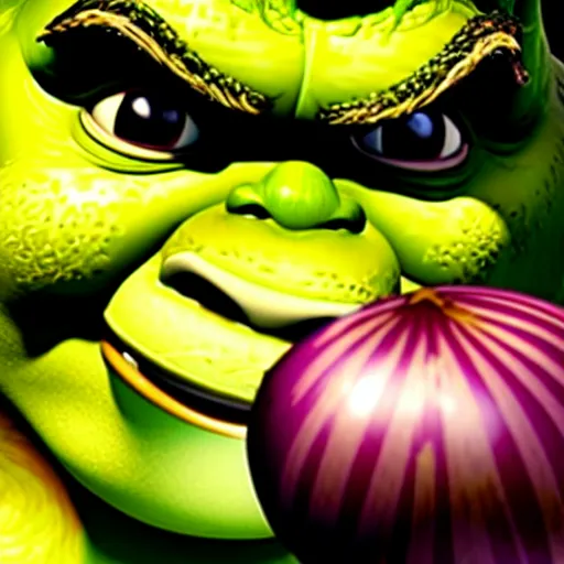 Image similar to a dramatic cinematic shot of shrek eating an onion, 8 k, ultra - realistic