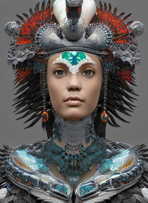 Image similar to 3 d goddess close - up profile portrait. beautiful intricate highly detailed mexican magpie helm and traditional mexican huipil! quetzalcoatl, stingray, bio luminescent, plasma, lava, ice, water, wind, stormy, creature, artwork by tooth wu and wlop and annie leibovitz, octane 3 d render