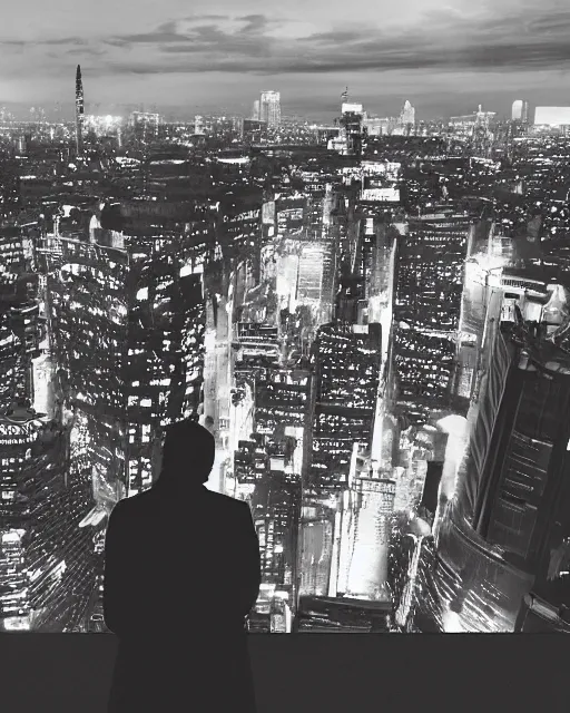 Image similar to a night rooftop scene, light from traffic in the city below, close up shot of a photorealistic gangster wearing a streetwear trench coat looking at the city below, cyberpunk theme, unreal engine, hyper realism, realistic shading, cinematic composition, realistic render, octane render, detailed textures, by Liam Wong