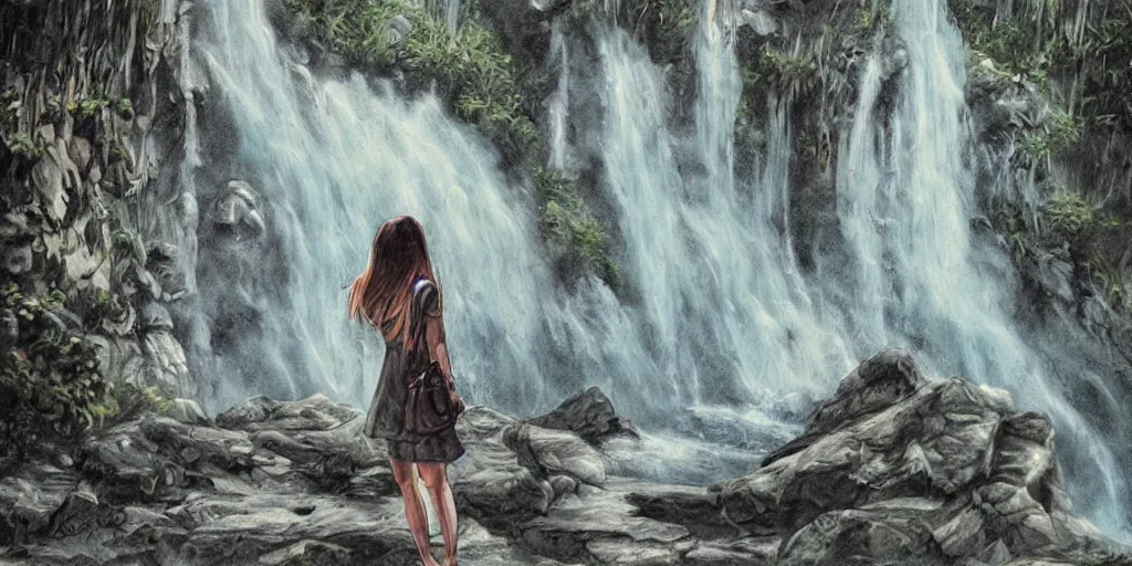 Image similar to girl looking at a waterfall, superwide angle, intricate, highly detailed, illustration, art by Leon Bosko