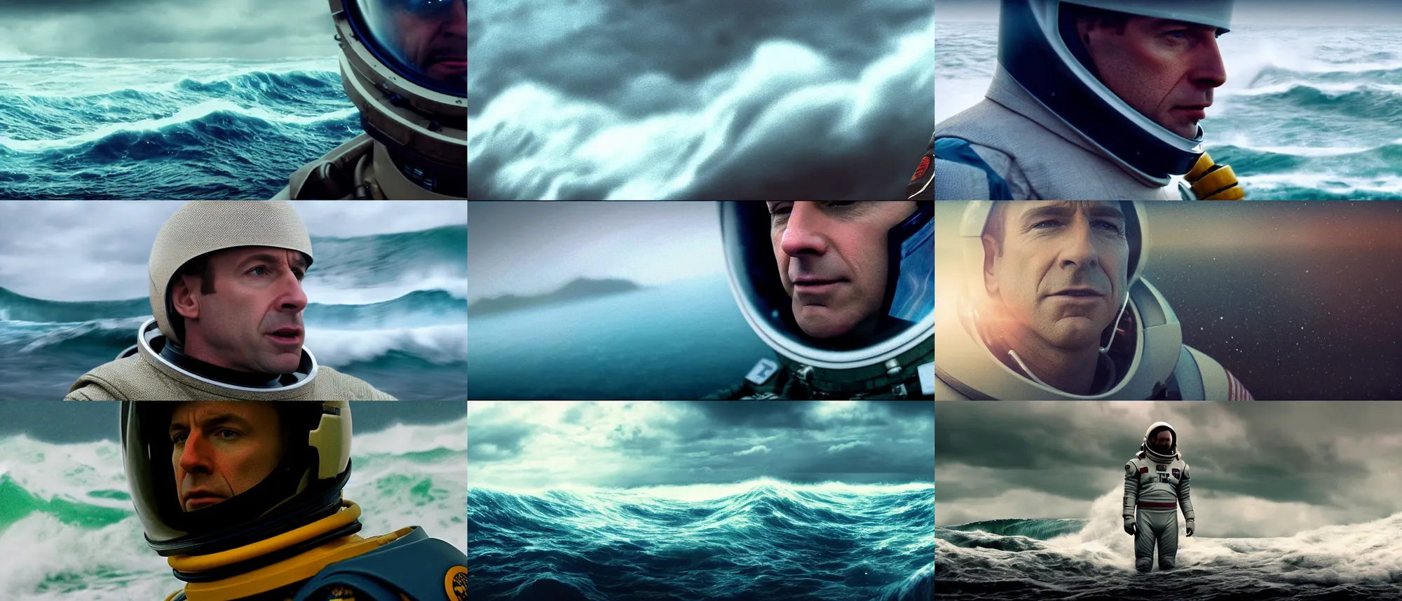 Prompt: on ocean , bokeh !!cinematic close up shot of saul goodman wearing the spacesuit in scene from the movie interstellar ,shady dull weather, panorama,natural dull colours, anamorphic, epic cinematic, DOF,exteremely giant ocean wave in background , escape,dramatic, motion blur