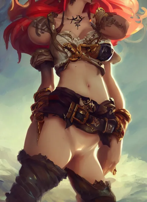 Image similar to miss fortune a pirate girl, from league of legends, au naturel, hyper detailed, digital art, trending in artstation, cinematic lighting, studio quality, smooth render, unreal engine 5 rendered, octane rendered, art style by klimt and nixeu and ian sprigger and wlop and krenz cushart