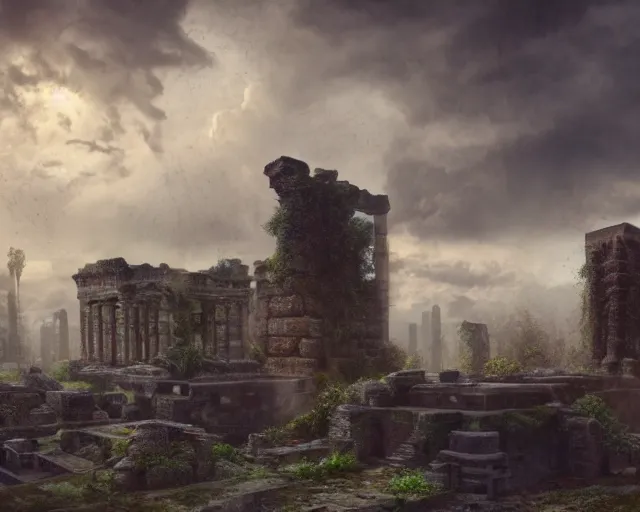 Image similar to Ancient ruins of a city, overgrown, heavy rain, winter, immaculate and epic scale, low angle, looking up, amazing lighting, sunshine filtering through the clouds, digital art, trending on Artstation, hyper-realistic, detailed, ultra detailed