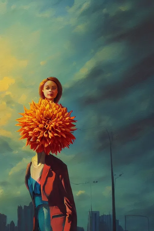 Image similar to closeup giant dahlia flower head, girl in a suit, in a city, surreal photography, blue sky, sunrise, dramatic light, impressionist painting, digital painting, artstation, simon stalenhag