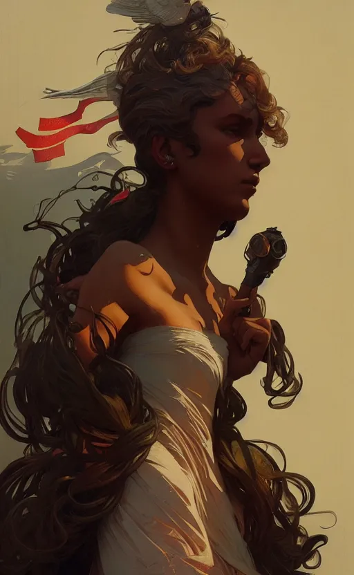 Prompt: a personification of the united states of america, highly detailed, digital painting, artstation, concept art, sharp focus, illustration, art by greg rutkowski and alphonse mucha