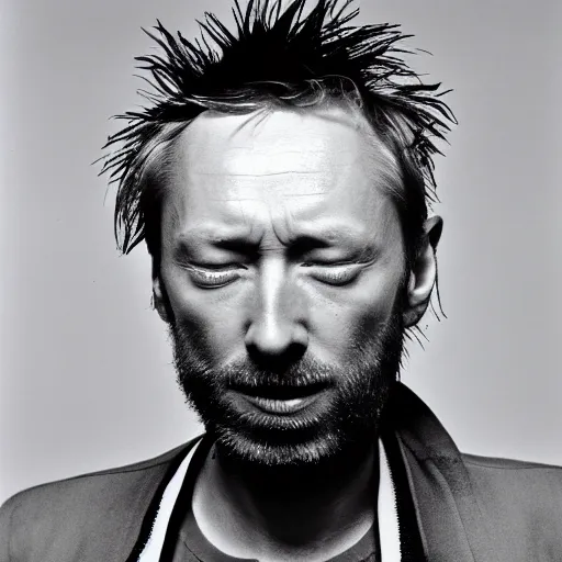 Prompt: Singing Thom Yorke, with a beard and a black jacket, a portrait by John E. Berninger, dribble, neo-expressionism, uhd image, studio portrait, 1990s