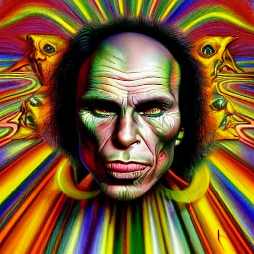 Image similar to an extremely psychedelic portrait of ronnie james dio, surreal, lsd, face, detailed, intricate, elegant, lithe, highly detailed, digital painting, artstation, concept art, smooth, sharp focus, illustration