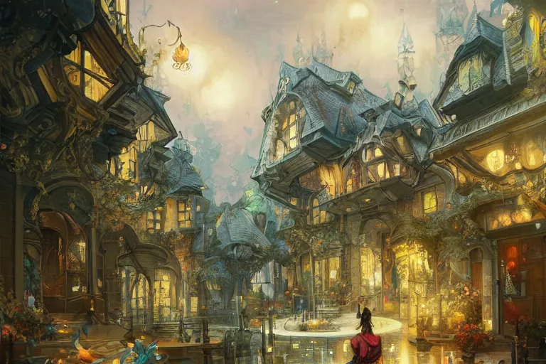 Image similar to multiversal otherworldly realm with streets and shops and lush garden and intricate luxurious homes, allegorical style, high detailed, octane render, serene, by peter mohrbacher, jeremy mann, francoise nielly, van gogh, ross tran, beautiful, award winning scenery