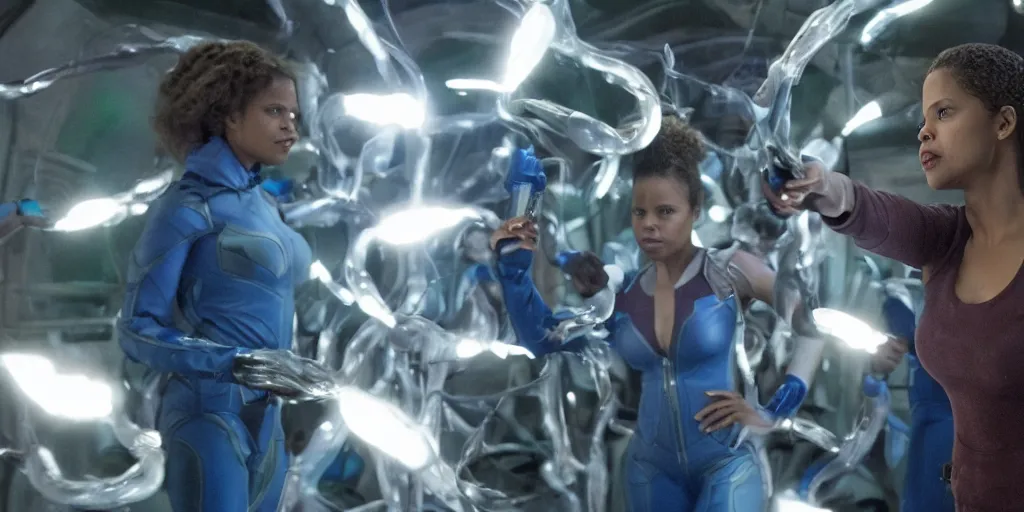 Image similar to wide angle movie stills of gugu mbatha - raw as sue storm in fantastic four movie using her iridescent particles force field powers while battling doctor doom, and an army of shapeshifter lizard like humanoids called the skrulls