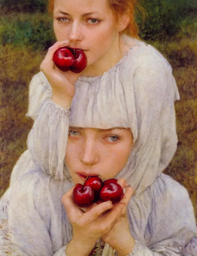 Image similar to peasant girl eating cherry, portrait, cottage core, cinematic focus, polaroid photo bleached vintage pastel colors high - key lighting, soft lights, foggy, by steve hanks, by lisa yuskavage, by serov valentin, by tarkovsky, 8 k render, detailed, oil on canvas