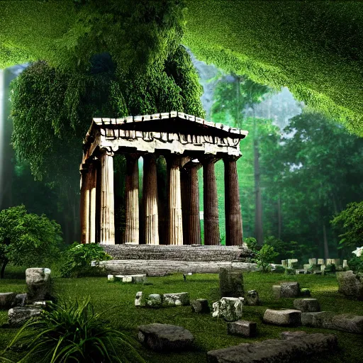Prompt: ancient greek temple ruins in a lush rainforest, photorealistic, cinematic, filmic, volumetric lighting