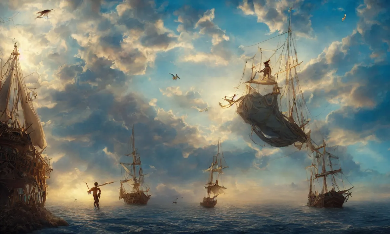 Prompt: a beautiful digital painting of peter pan and the lost boys, disney, a white caravel flying in the clouds, birds in the sunlight, numerous golden ropes and sails, blue sky at sunset, elegant, highly detailed, artstation, concept art, matte, sharp focus, art by tom bagshaw, kelogsloops and greg rutkowski