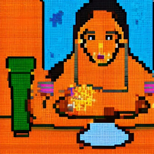 Prompt: pixel art, close up, gypsy woman sits at a wooden table, on the table are flasks of glowing liquids