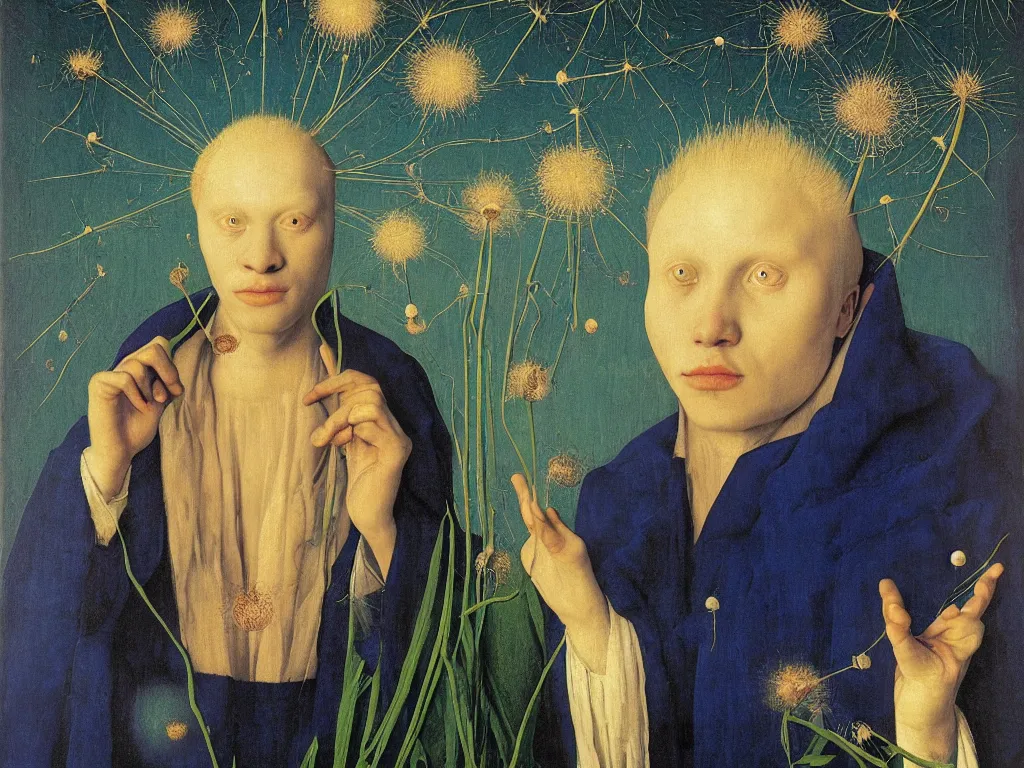 Prompt: Portrait of albino mystic with blue eyes, with exotic glowing dandelion seed storm. Painting by Jan van Eyck, Audubon, Rene Magritte, Agnes Pelton, Max Ernst, Walton Ford