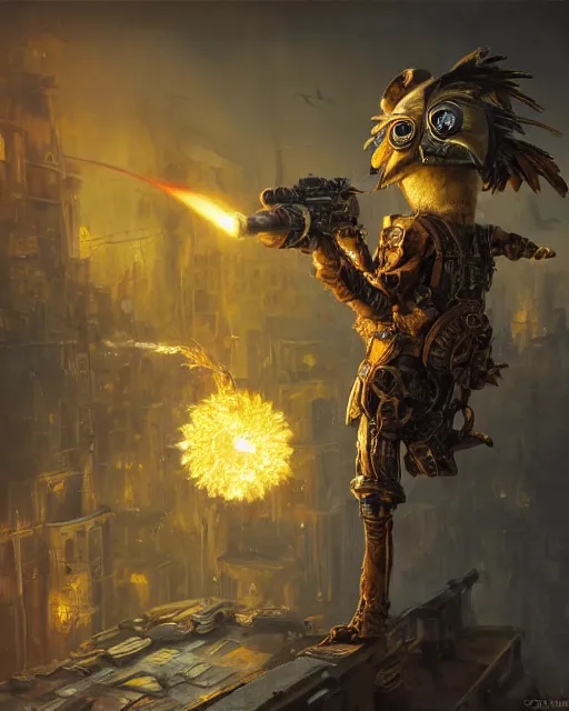 Image similar to oil painting of Anthropomorphized Steampunk Owl Sniper aiming steampunk gun, sharp focus, exploding golden steampunk city background, full body, heroic pose, fantasy style, octane render, volumetric lighting, 8k high definition, by greg rutkowski, highly detailed, trending on art Station, magic the gathering artwork, centered, dramatic artwork