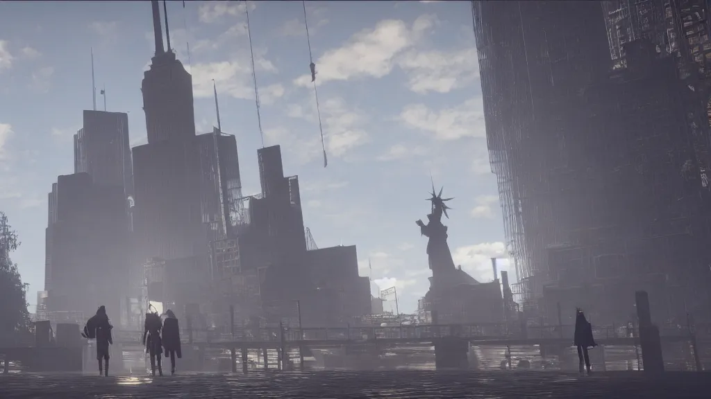 Prompt: Screenshot from Nier Automata, near the Statue of Liberty