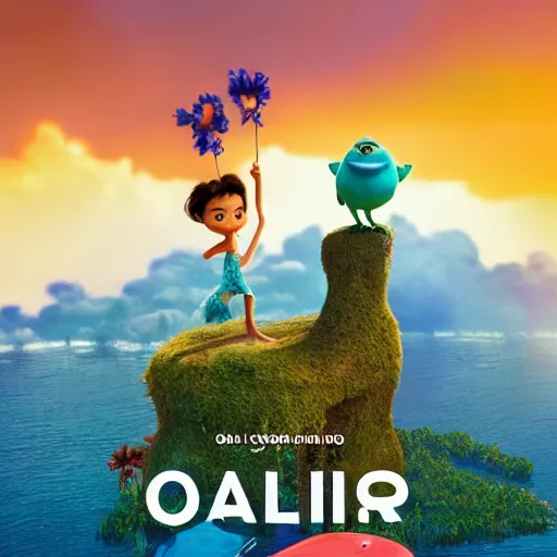 Prompt: a shot from upcoming pixar movie about Bali with text: oka