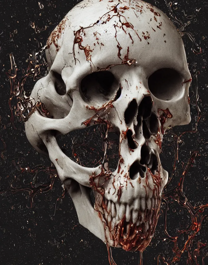 Image similar to portrait of a melting wax skull. intricate abstract. sharp teeth. delicate artwork. infected by zombie fungus. by Tooth Wu, wlop, beeple, dan mumford. octane render, trending on artstation, greg rutkowski very coherent symmetrical artwork. cinematic, hyper realism, high detail, octane render, 8k, depth of field, bokeh. chrome accents.